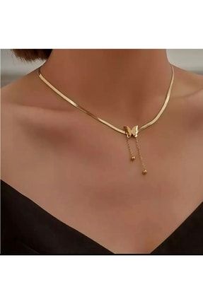 Kelebek Detay Italyan Ezme Zincir Kolye Kadın Gold Çelik Üzeri Altın Kaplama Garanti Belgeli JDN0183KLY