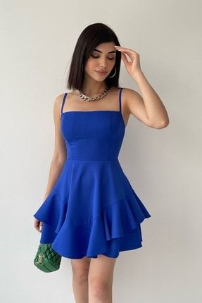 Ayarlanabilir Ince Askılı Eteği Kat Detaylı Mavi Abiye Elbise & Mavi Mezuniyet Elbisesi BS-ETC-102