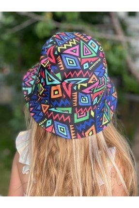 Unisex Kız Erkek Çocuk Bucket Baget Şapka Renkli Geometrik Şekilli Desenli 593773-05