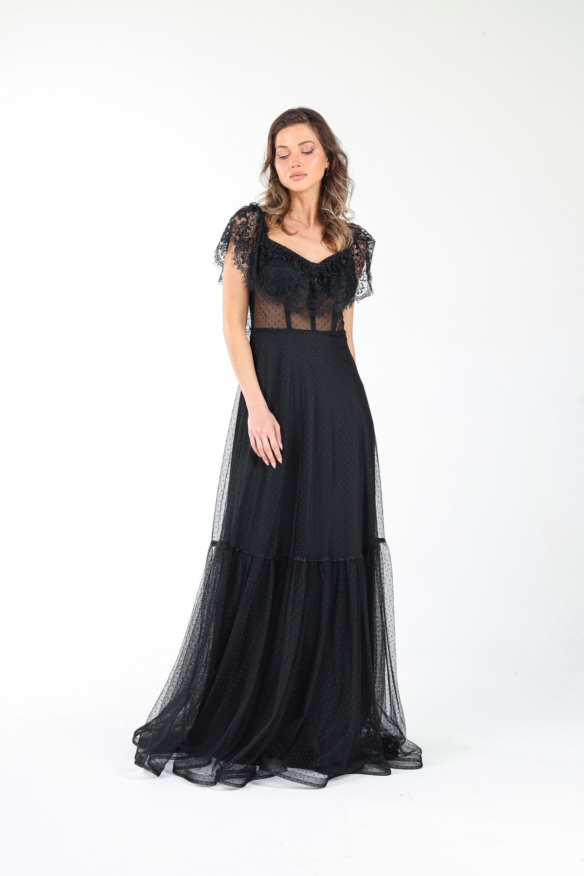 ALIS DRESS Черное кружевное вечернее платье из тюля с точками AL-0829Y