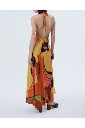 Sırt Dekolteli Boyundan Bağlamalı Batik Desen Salaş Tasarım Maxi Elbise ANT21-5013