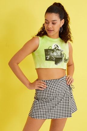 Kadın Neon Batik Yeşil Horror Themed Baskılı Kolsuz Pamuklu Tshirt zuxo8