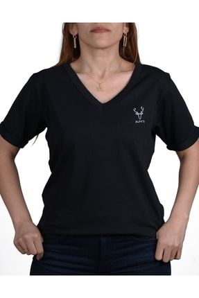 Kadın T-shirt , V Yaka Kadın T-shirt , Rahat Kadın T-shirt , Siyah T-shirt ALPYS T-SHIRT 1009