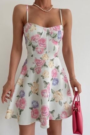 Flower Mini Askılı Elbise Krem 20365