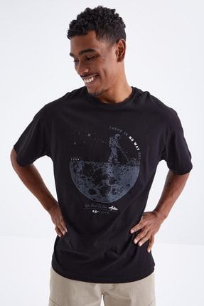 Siyah Baskılı O Yaka Erkek Oversize T-shirt - 88098 T12ER-88098
