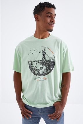 Açık Yeşil Baskılı O Yaka Erkek Oversize T-shirt - 88098 T12ER-88098