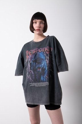 Oversize Yıkamalı Response Baskılı Pamuklu T-shirt Siyah WM1734