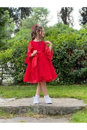 Kız Çocuk Kırmızı Puantiyeli Dantel Elbise 8029