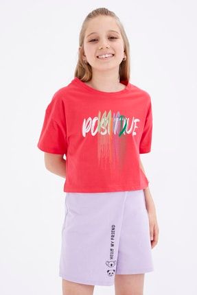 Rose Renkli Yazı Baskılı O Yaka Oversize Düşük Omuz Kız Çocuk Crop T-shirt - 75036 T09KG-75036
