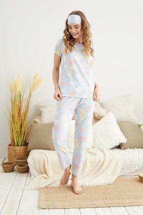 Kadın Bebe Mavisi Ay Yıldız Baskılı Kısa Kollu Altı Uzun Pijama Takımı. MK130-45