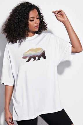 Azurco Oversize Colorful Bear Baskılı Beyaz Tshirt OVRSZTSHRT48