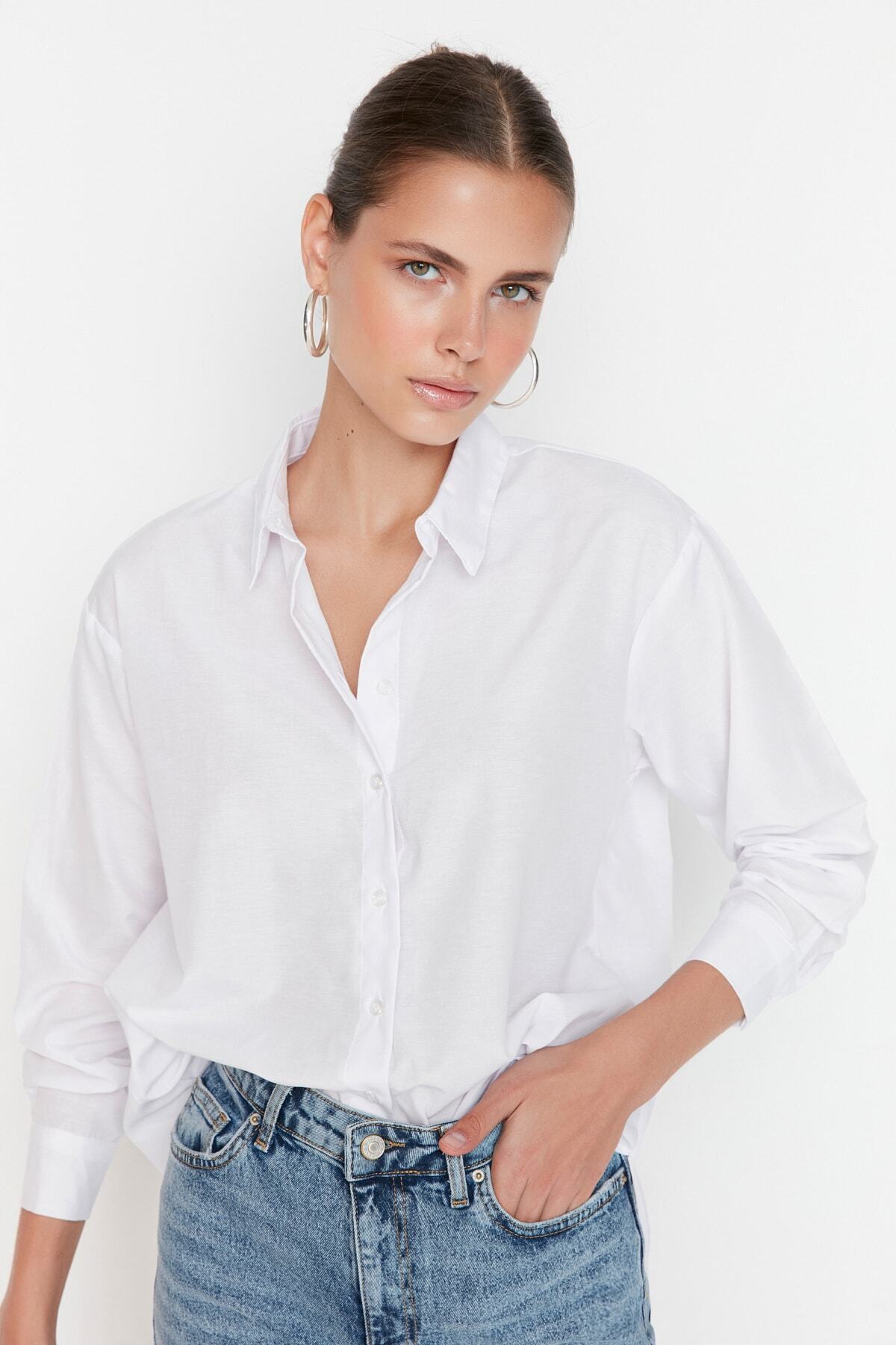 Trendyol Collection-Biała luźna bawełniana koszula TWOAW20GO0107 6