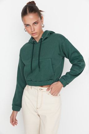 Zümrüt Yeşili Crop Kalın İçi Polarlı Örme Sweatshirt TWOAW23SW00018