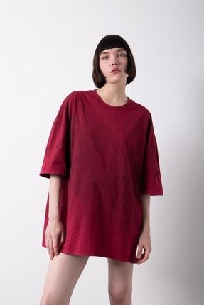 Kadın Oversize Basic Yıkamalı Kumaş T-shirt Visne WM1517