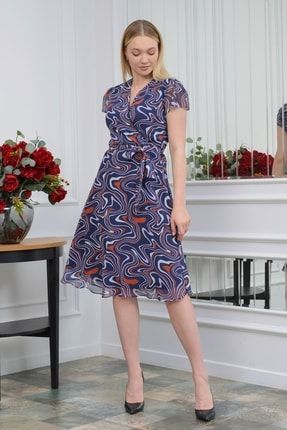 Kadın Desenli Kruvaze Yaka Midi Şifon Elbise 4445/110