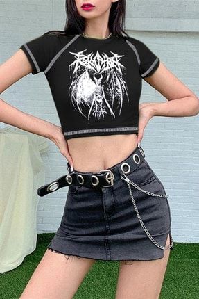 Siyah Renk Harajuku Gotik Ön Baskılı Kısa Kollu Kadın Crop-yarım T-shirt BSM06HRJKCRPF