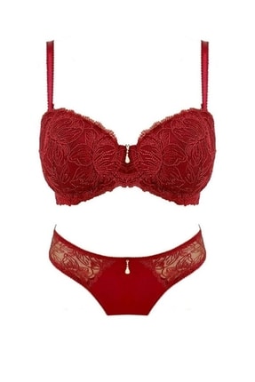 Genel Markalar Bayan Desteksiz Brode Kaplı Taşlı Bordo Sütyen Takım 5155