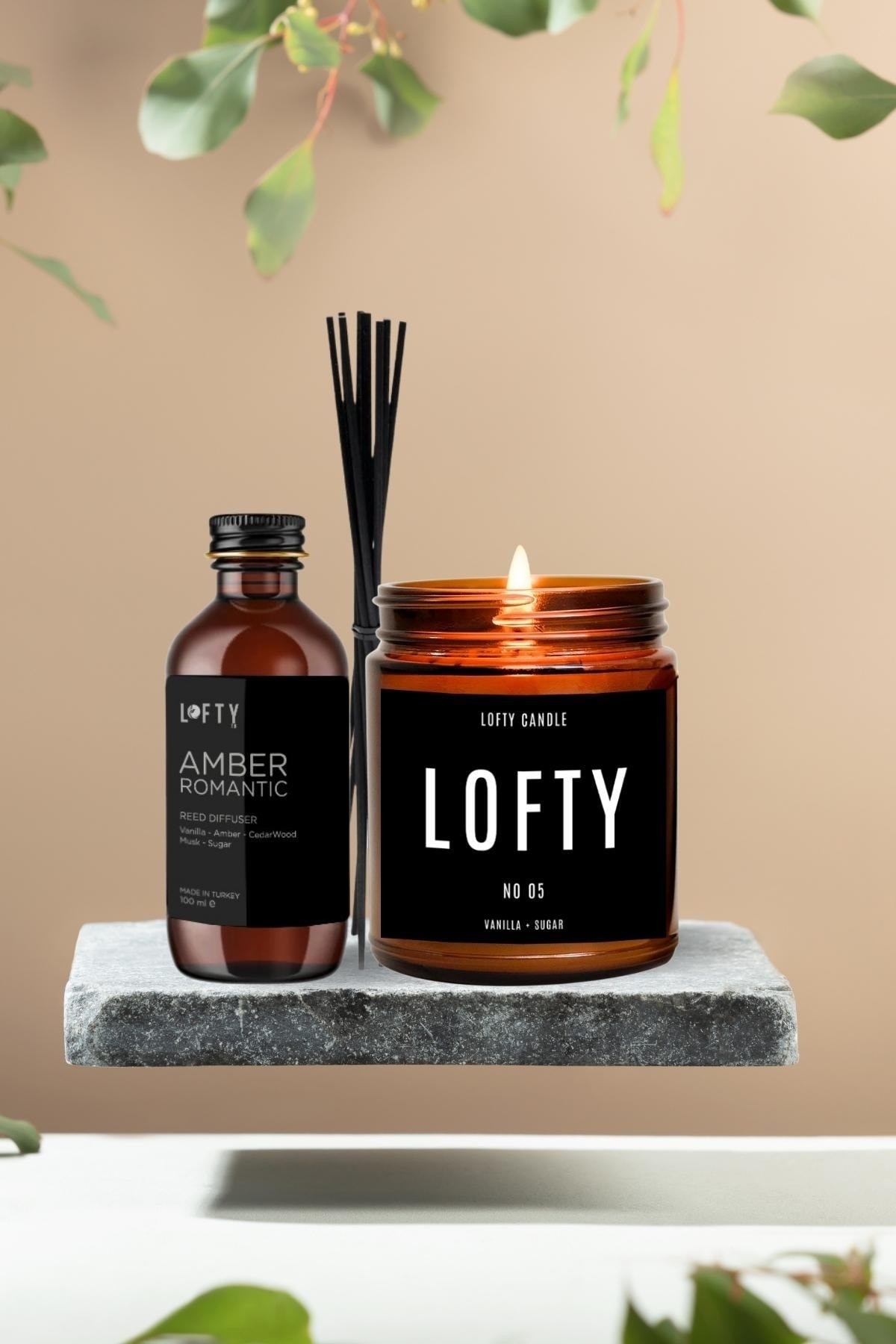 Lofty 2'li Set Amber Romantik Bambu Çubuklu Oda Kokusu Ve Vanilyalı Dekor Mum