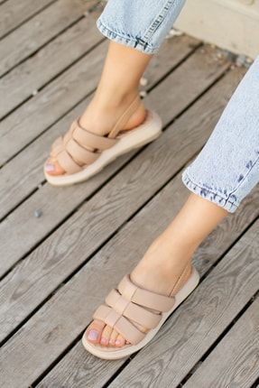 Nut Kalın Üç Puf Şeritli Bilekten Lastikli Kadın Yazlık Sandalet Terlik vizyon-sandalet-03