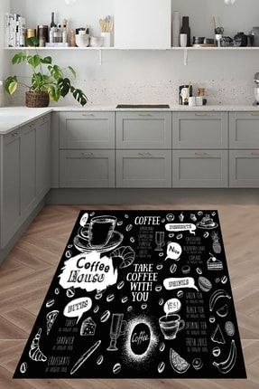 Coffee Yazılı Geometrik Desenli Dijital Baskılı Kaymaz Taban Yıkanabilir Leke Tutmaz Mutfak Halısı YKMZ-BFOKT1