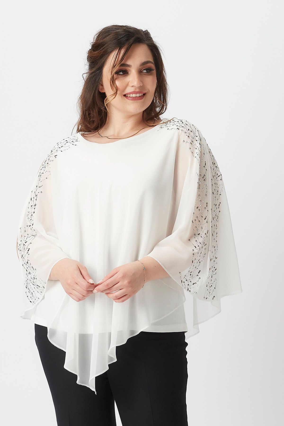 Moda Alba-Pelerina din șifon cu bijuterii pe umeri alb. Bluză elegantă de mărime mare 5