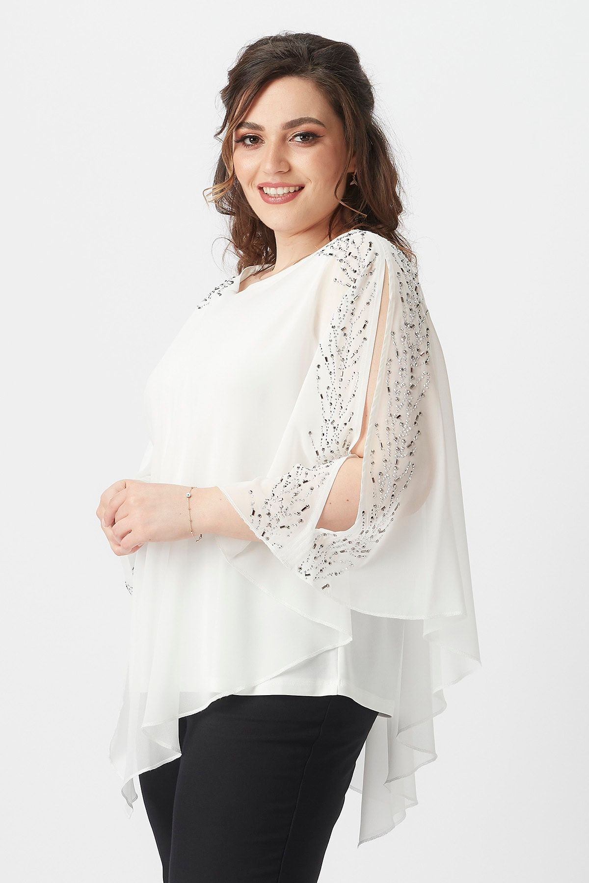 Moda Alba-Pelerina din șifon cu bijuterii pe umeri alb. Bluză elegantă de mărime mare 7