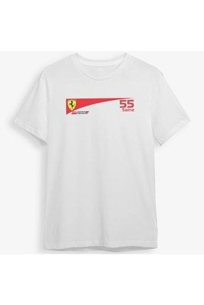 Carlos Sainz Ferrari Baskılı Formula 1 Beyaz Unisex Tişört RTH1468