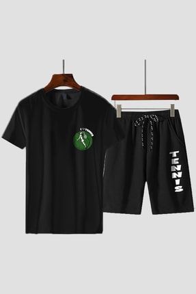 Özel Tasarım I Love Tennis Baskılı Spor T-shirt Şort Kombin-siyah SPR-SHRTSRT-08