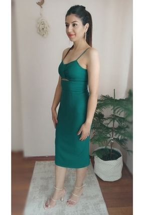 Tilev Koyu Yeşil Askılı Fiyonk Desen Elbise FYNKY01