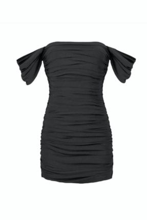 Siyah Düşük Kol Drapeli Abiye Mezuniyet Elbisesi 030404018