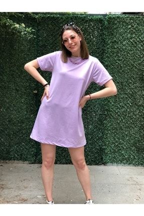 Kadın Mor Renk Yaka Zincir Detaylı Kısa Kol Midi Yazlık Elbise 020083