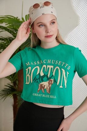 Boston Massachusetts Crop T-shirt %100 Coton 1. Kalite Suprem AGV02