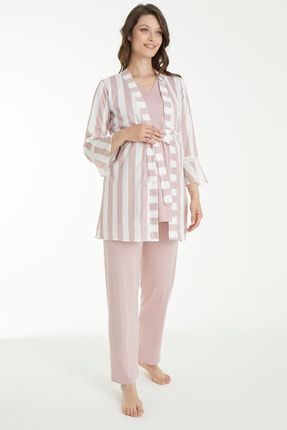 Pudra Çizgi Desenli Lohusa Ve Hamile Pijama Takım 4106