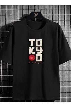 Oversize Unisex Siyah Kore Tokyo Baskılı Tişört Koretokyo
