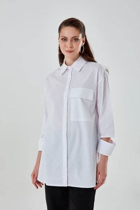Kesik Manşetli Beyaz Gömlek Tunik M2MZ1030130011