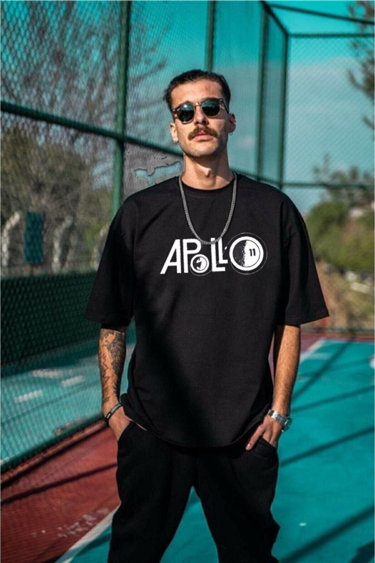 Black Sokak Men's Black Apollo Printed Oversize Crew Neck Short Sleeve  Cotton T-Shirt