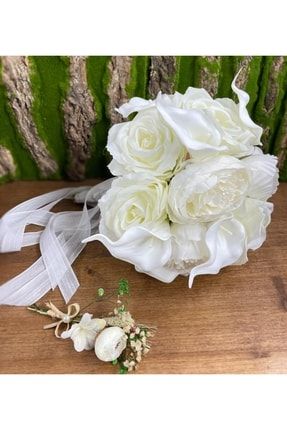 Gelin Çiçeği Yapay Çiçek Beyaz Karışık Buket 8 Islak Gala 7 Gül 5 Şakayık Gelin Buketi 20 Çiçekli 90759