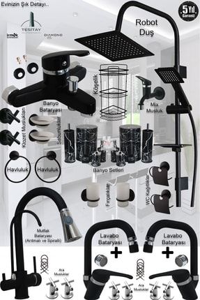 Mutfak Lavabo Banyo Bataryası Musluk Armatür Batarya Siyah Banyo Duş Seti Robot Duş Aksesuarlı Set VBN-X55R