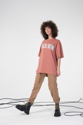 Kadın Somon Oversize Baskılı Pamuk Basıc T-shirt 21SSK02000003