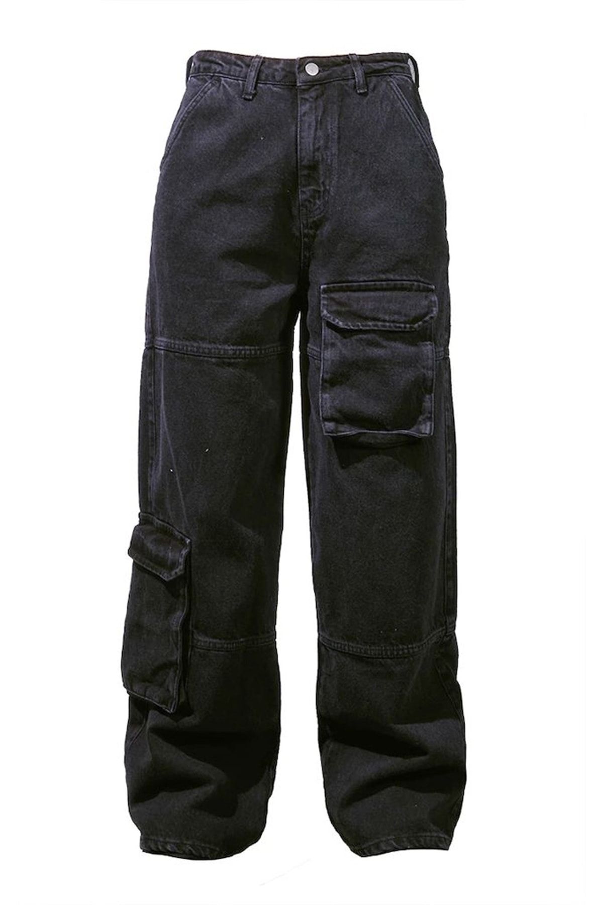 Y2k Pantolon Recycled Black Cargo Pocket Wıde Leg Jean Gothic