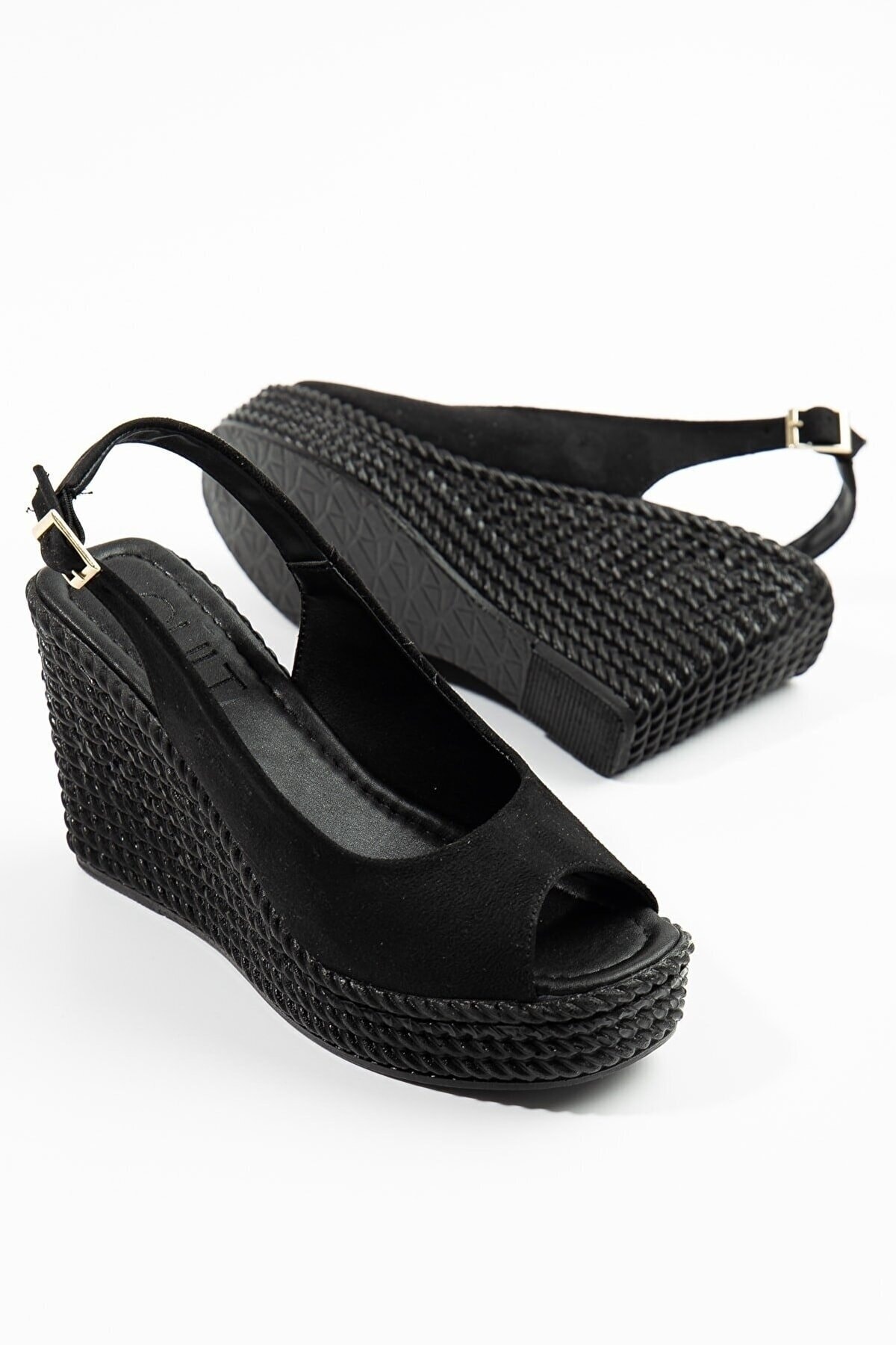 Rockcraft.tr Kadın Siyah Süet Dolgu Topuklu Klasik Sandalet - 10 Cm - Yazlık VB10012