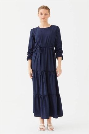Fırfırlı Kemerli Lacivert Elbise Nassah-22SSN22009D