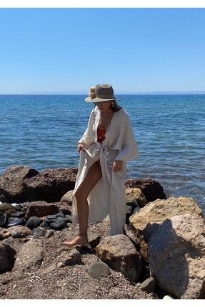 Kadın Krem Keten Kumaştan Dökümlü Uzun Kimono SAND