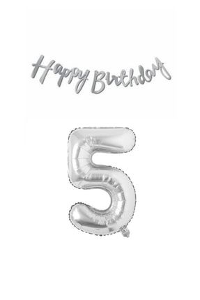 5 Yaş Doğum Günü Seti Gümüş Folyo Balon Ve Gümüş Happy Birtday Yazı LTS-BLN0539