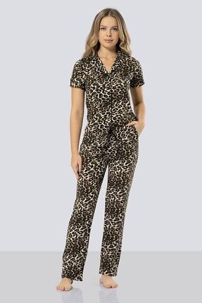Kadın Leopar Düğmeli Kısa Kolu Pijama Takım E3R2Z86