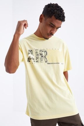 Sarı Air Baskılı O Yaka Erkek Oversize T-shirt - 88097 T12ER-88097