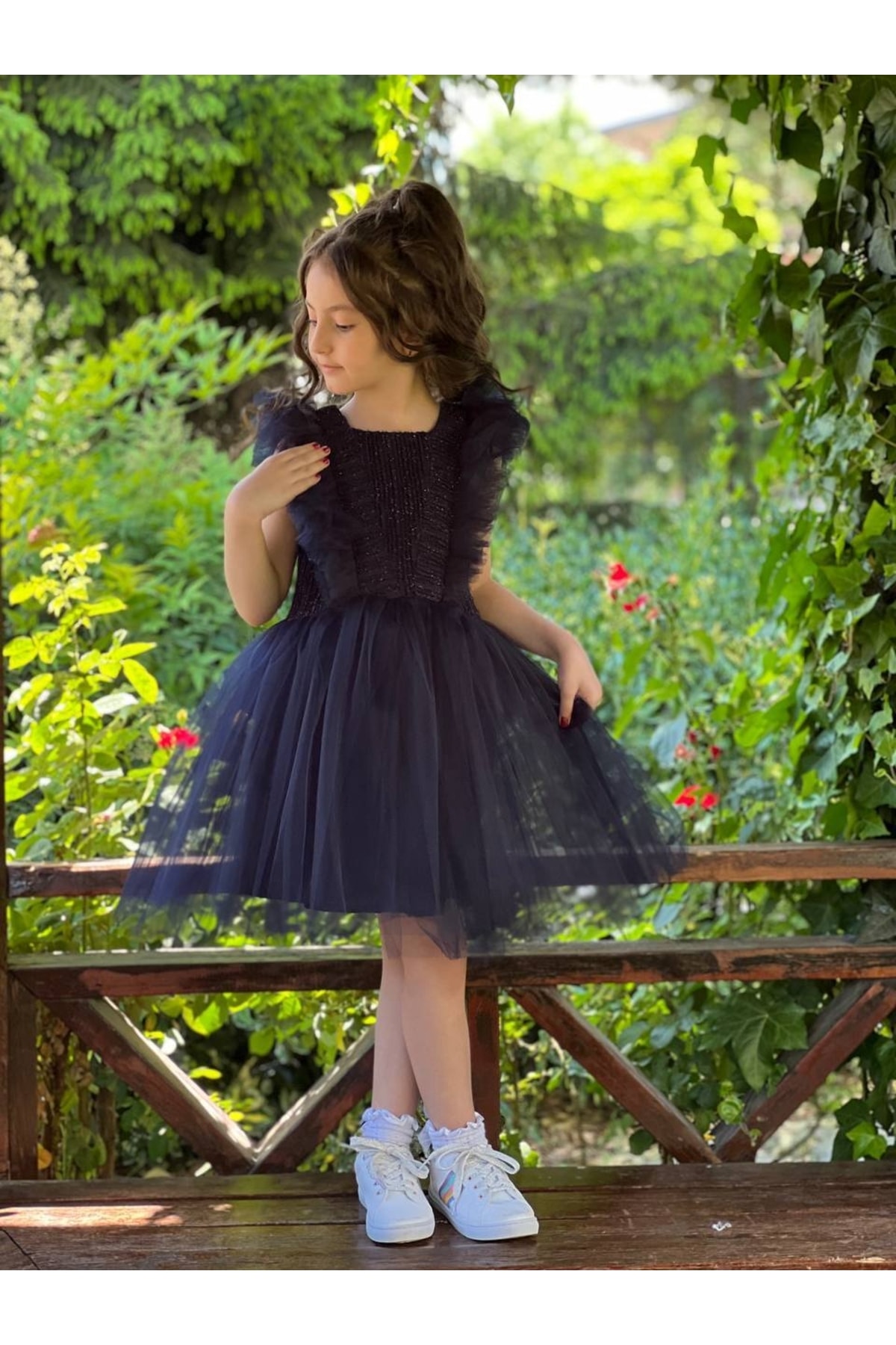 Kids' Tulle Evening Dress with Glitter Navy Blue