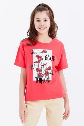 Rose Oversize Yazı Baskılı O Yaka Düşük Omuz Kız Çocuk T-shirt - 75032 T09KG-75032