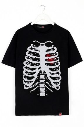 Iskelet Kalp Baskılı Siyah Unisex Tshirt tişört-iskelet-kalp