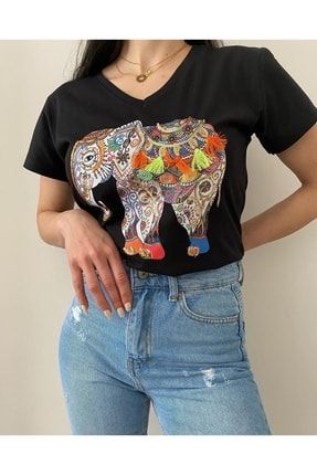 Kadın V Yaka Fil Desenli Siyah Tasarım T-shirt LDR45